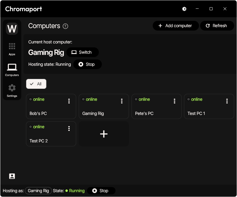 Chromaport hosts view showing a user managing all connected devices in one central workspace for remote desktops, apps, and games.
